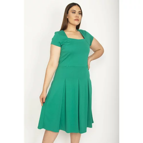 Şans Women's Plus Size Green Square Neck Pleated Dress