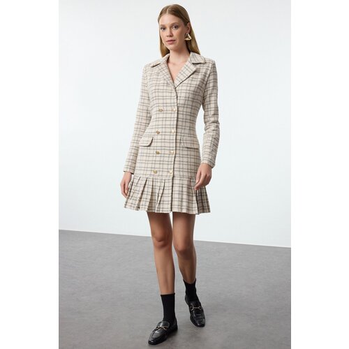 Trendyol Ecru Plaid / Checkered Woven Dress Slike