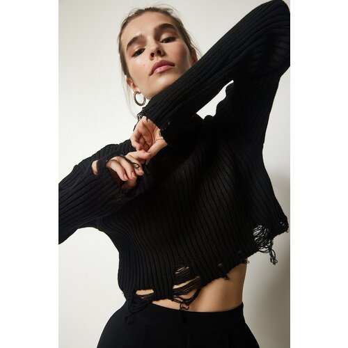 Happiness İstanbul Women's Black Ripped Detail Knitwear Crop Sweater Slike