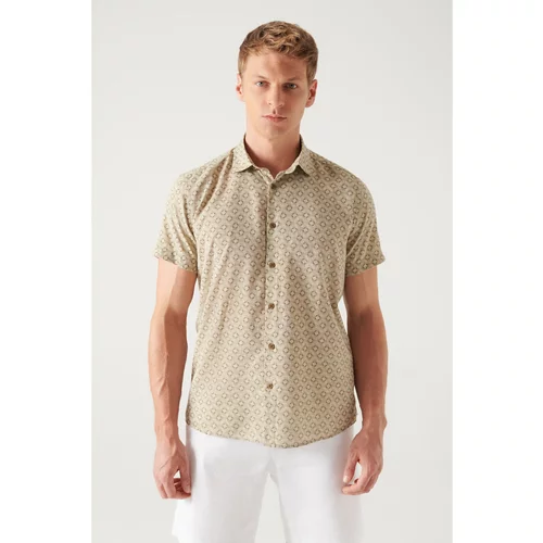 Avva Men's Khaki Geometric Printed Short Sleeve Cotton Shirt