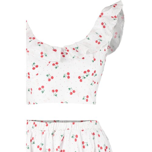 Trendyol Fruit Patterned Woven Ruffled 100% Cotton Blouse and Skirt Suit Cene