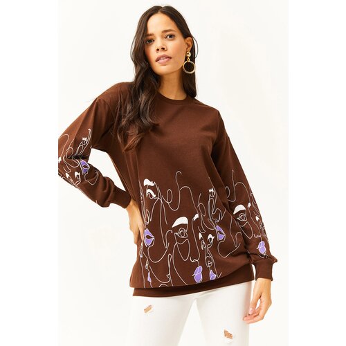 Olalook Women&amp;#039;s Bitter Brown Face Figured Oversize Sweatshirt Slike