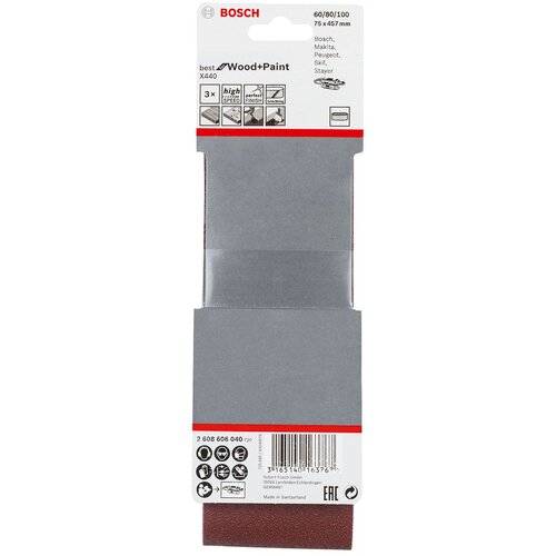 Bosch 3-delni set brusnih traka X440 75 x 457 mm, granulacija 60; 80; 100 - pakovanje od 3 komada (2608606040) Slike