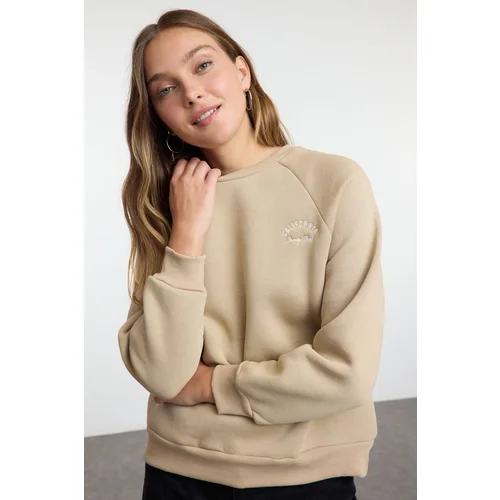 Trendyol Mink Slogan Embroidered Oversize/Wide Fit Thick Inside Fleece Knitted Sweatshirt