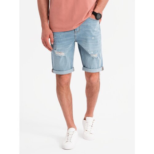 Ombre Men&amp;#039;s short denim shorts with rubbing and rolled up leg - light blue Slike