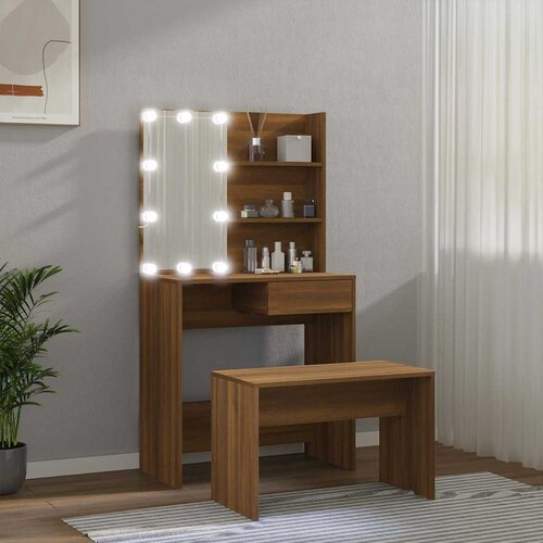  Set toaletnog stolića LED boja hrasta od konstruiranog drva Smeđa 74.5 x 40 x 141 cm Slike