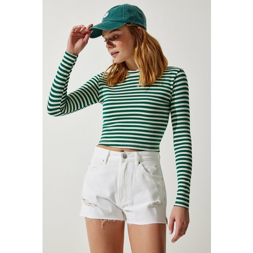 Happiness İstanbul Women's Dark Green Crew Neck Striped Crop Knitted Blouse Cene
