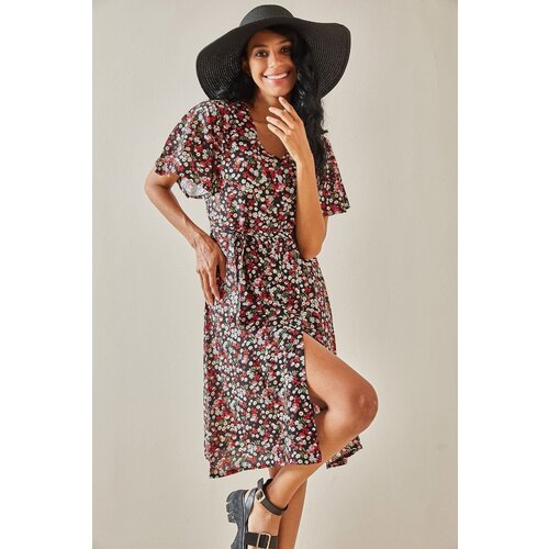 XHAN Black Floral Patterned Dress with Ruffles on the sleeves Slike