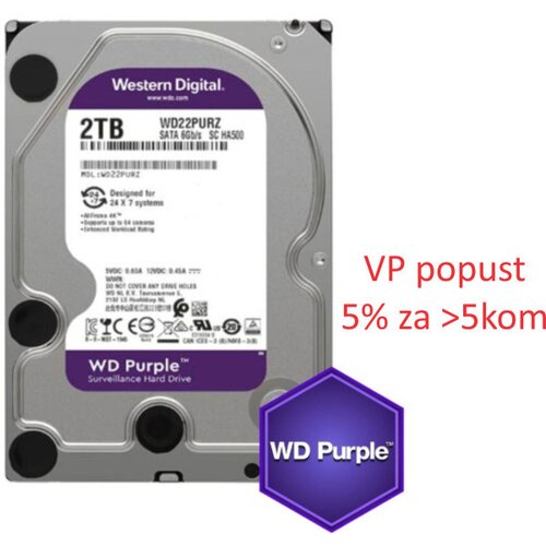 Western Digital HDD 3.5 ** 2TB WD22PURZ Purple 24/7 5400RPM 256MB SATA3 Cene