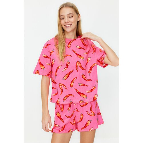 Trendyol Pink Multicolor 100% Cotton Fun Printed Knitted Pajama Set Cene