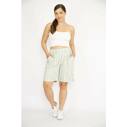 Şans women's green large size striped linen woven fabric shorts with elastic waist pockets Slike