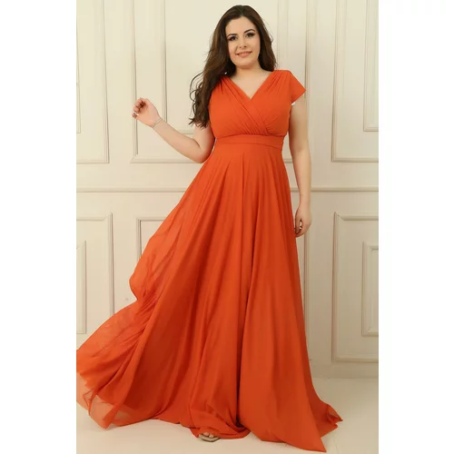 By Saygı Double Breasted Neck Lined Nail Sleeve Full Circle Flared Chiffon Tulle Plus Size Long Dress