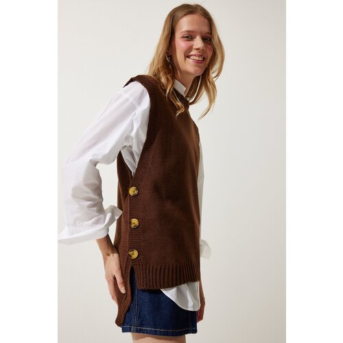  Women&amp;#039;s Brown Crew Neck Buttoned Knitwear Sweater Slike