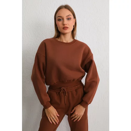 BİKELİFE Women's Brown Oversize Crop Sweatshirt