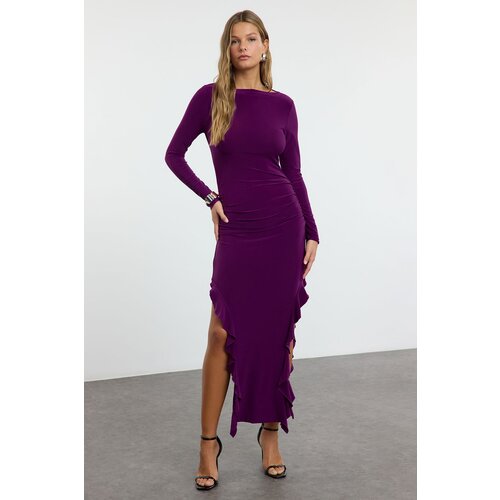 Trendyol women's purple plain ruffle midi skirt flounce boat rock maxi flexible knitted knit dress Slike