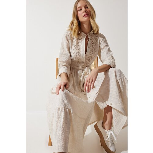 Happiness İstanbul women's cream laced flounce long linen shirt dress Cene