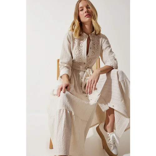 Happiness İstanbul Women's Cream Laced Flounce Long Linen Shirt Dress