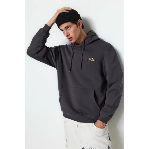 Trendyol Anthracite Men's Regular/Normal Fit Hoodie with Minimal Embroidery and a Soft Pile Cotton Sweatshirt.
