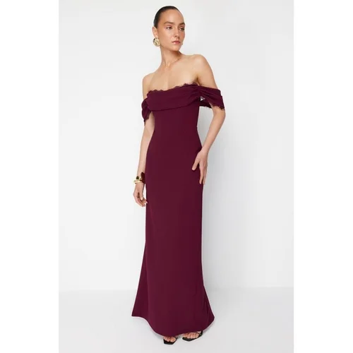 Trendyol X Zeynep Tosun Plum Knitted Carmen Collar Lace Long Evening Dress & Graduation Dress