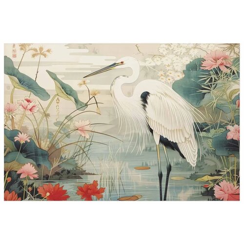  Plakat - Over the Asian Pond - illustration in the Japanese print style featuring a heron 90x60 Bez okvira Slike