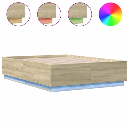 Maison Chic Posteljni okvir - Dvoposteljna postelja - Zakonska postelja z LED lučkami sonoma hrast 120x190 cm inž. les, (21696676) Slike