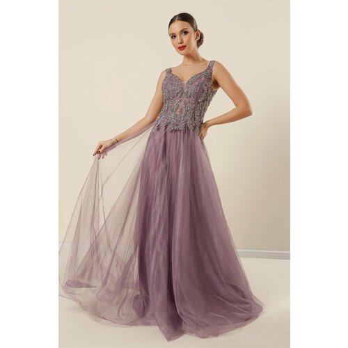 By Saygı Front Back V-Neck Beaded Lined Long Tulle Dress Lilac Slike