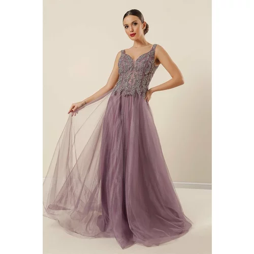 By Saygı Front Back V-Neck Beaded Lined Long Tulle Dress Lilac