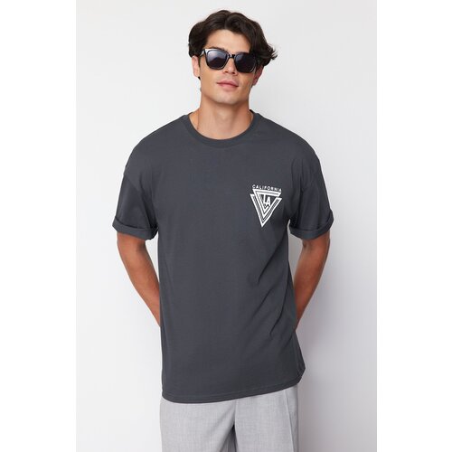 Trendyol Anthracite Oversize/Wide Cut Crew Neck City Printed 100% Cotton T-Shirt Slike
