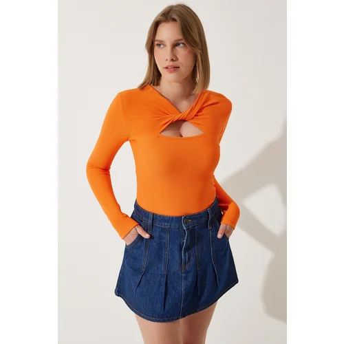  Women's Orange Cut Out Detailed Ribbed Knitted Blouse