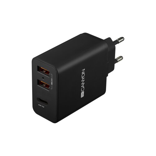 Canyon H-08 Universal 3xUSB AC charger (in wall) with over-voltage protection(1 USB-C with PD Quick Charger), Input 100V-240V, Output USB-A/5V-2.4A+USB-C/PD30W, with Smart IC, Black Glossy Color+orange plastic part of USB, 96.8*52.48*28.5mm, 0.092kg Cijene