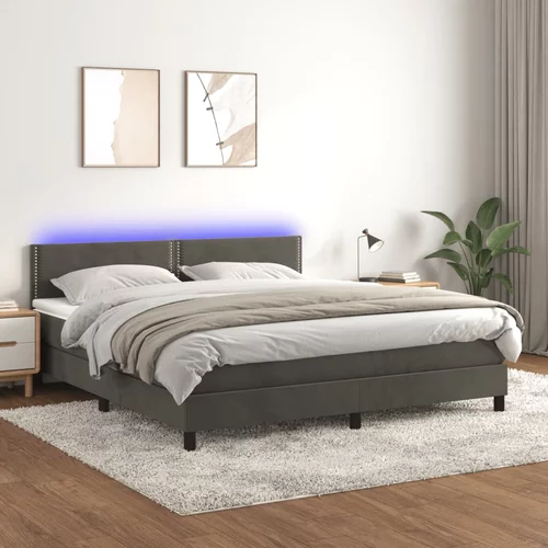 vidaXL Box spring postelja z vzmetnico LED temno siva 160x200 cm žamet