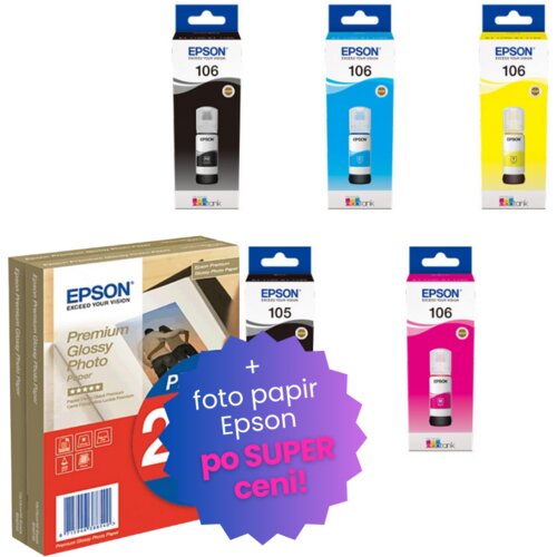 Epson Komplet črnil 106 (BK/PBK/C/M/Y), original + foto papir po SUPER ceni Cene