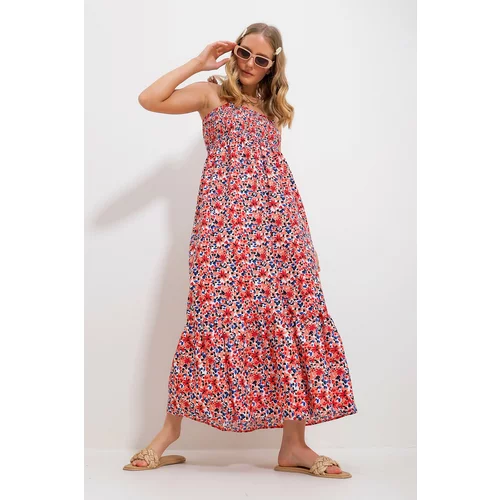 Trend Alaçatı Stili Women's Baby Mouth Strap Skirt Flounce Floral Pattern Gimped Woven Dress