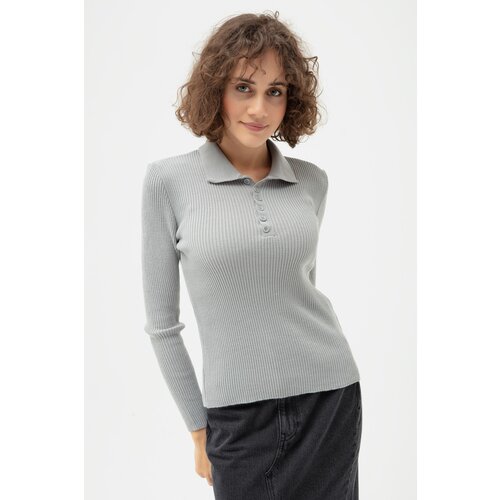 Lafaba Women's Gray Polo Neck Ribbed Knitwear Sweater Slike