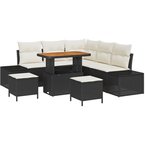 vidaXL 8-delni vrtni sofa set z blazinami Črna poli ratan akacija, 2-sedežni vrtni sofa z blazinami Črna poli ratan, 3-delni vrtni jedilni set z blazinami Črna poli ratan akacija Cene