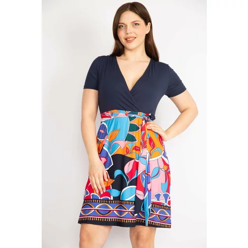 Şans Women's Navy Blue Plus Size Wrap Collar Skirt Patterned Tie Tie Dress
