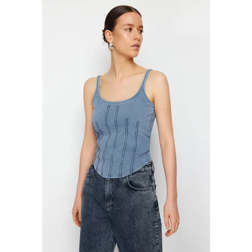Trendyol Anthracite Plain Washed Slim Square Neck Crop Strap Knitted Blouse