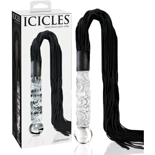 Icicles br. 38 - kožni bič, valoviti stakleni dildo (prozirno-crni) Cijene