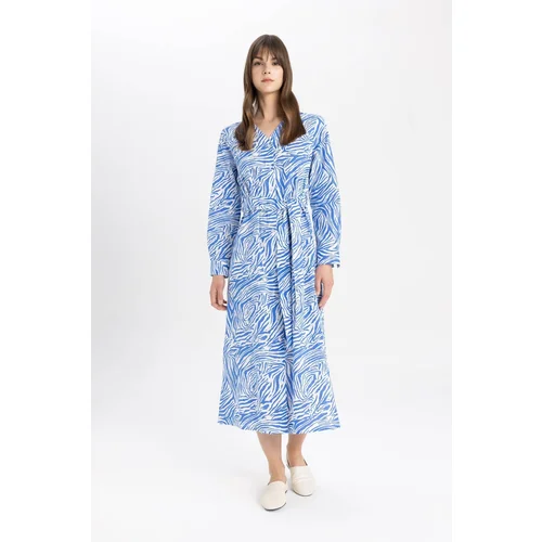 Defacto V-Neck Printed Flared Cotton Long Sleeve Dress