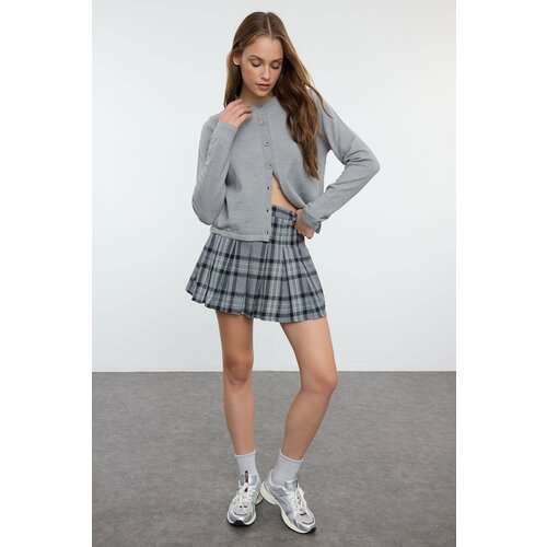 Trendyol Anthracite Pleated Plaid Patterned Woven Mini Skirt Slike