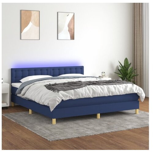  Box spring postelja z vzmetnico LED modra 160x200 cm blago Cene