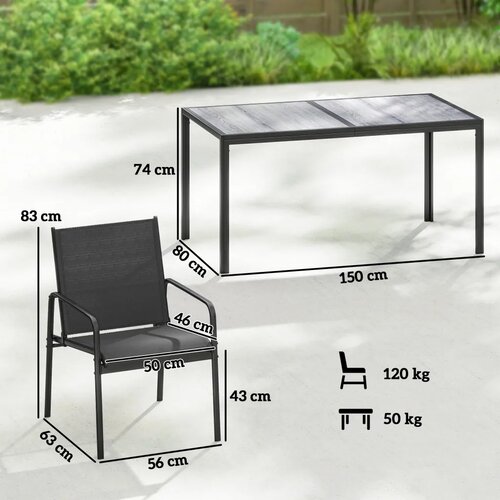  Vrtni namje&amp;scaron;taj garnitura za sjedenje 150 x 80 cm stol sa 6 prozračnih stolica izgled drveta čelični okvir crna Slike