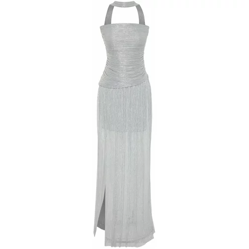 Trendyol Silver Knitted Elegant Long Evening Dress
