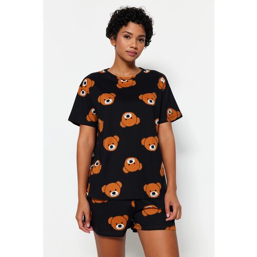 Trendyol Black 100% Cotton Teddy Bear Patterned T-shirt-Shorts Knitted Pajamas Set Slike