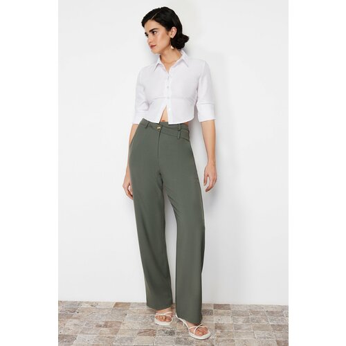 Trendyol Khaki Premium Straight Cut Asymmetric Waist Detailed Woven Trousers Slike