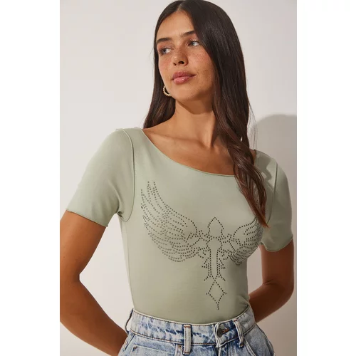 Happiness İstanbul Women's Turquoise Green Knitted Viscose T-Shirt with Embroidered Wings