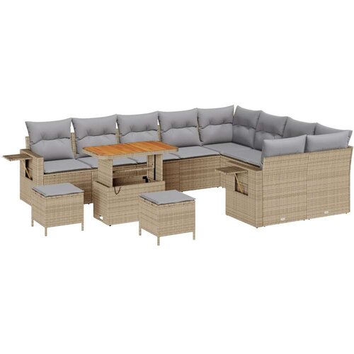 12 kom vrsni sofa set s jastučićima Bež Poli ratan Akacija 3 komada vrtni stolni set s jastučićima Bež Poli ratan Akacija Slike
