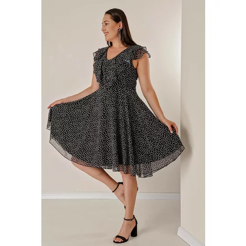 By Saygı Plus Size Lined Chiffon Dress with Ruffle Collar, Small Check, and Small Check