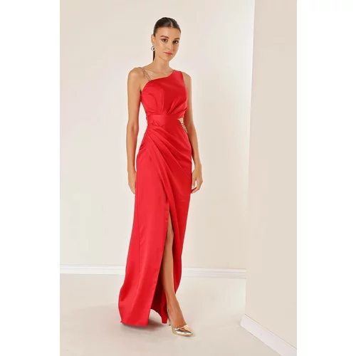 By Saygı One-Shoulder Decollete Decollete Chain Satin Evening Dress Red