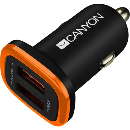 Canyon C-02 Universal 2xUSB car adapter, Input 12V-24V, Output 5V-2.1A, with Smart IC, black rubber coating with orange electroplated ring(without LED backlighting), 51.8*31.2*26.2mm, 0.016kg - CNE-CCA02B Cene